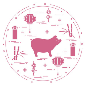 新年快乐2019年卡。 中国新年标志。 猪灯笼中国红包钱竹币运气。 不同国家的节日传统。
