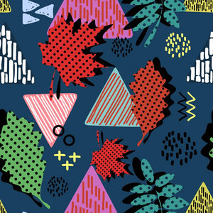 五颜六色的抽象秋叶，有三角形的几何形状图案。无缝背景矢量插图包装和纺织品印刷。