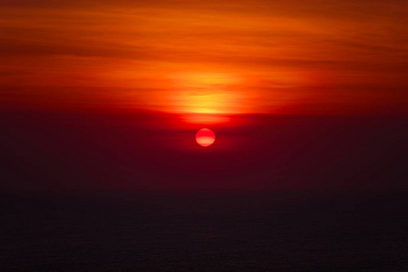 用长焦镜头拍摄的海洋地平线上的日落。