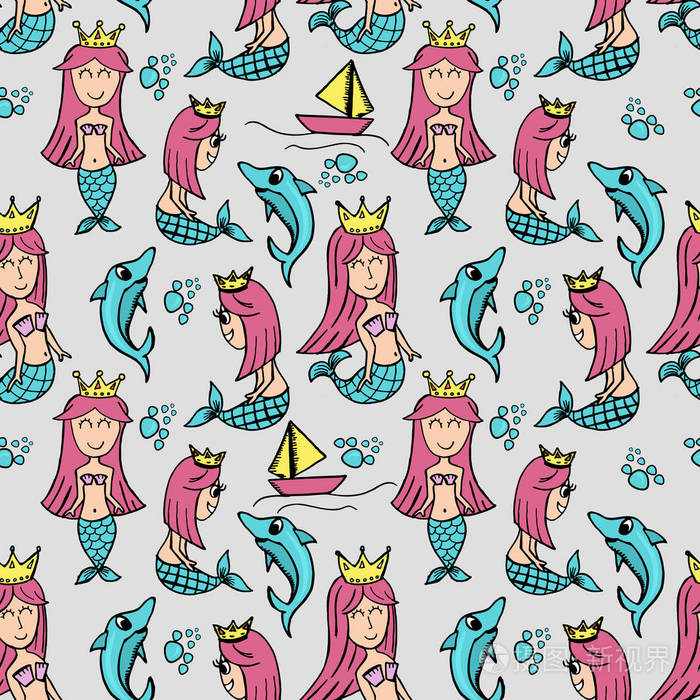无缝美人鱼可爱画彩色图案.手绘卡通时尚粉彩.多色图案矢量插图.