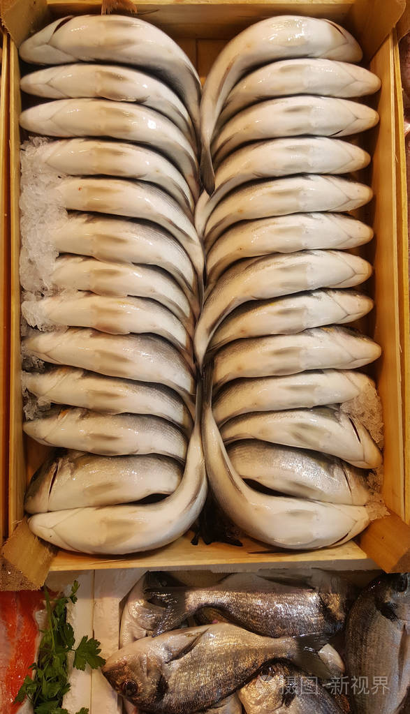 市场上货柜中的生冷鱼