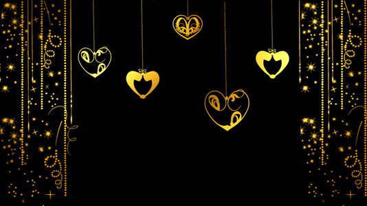 情人节卡片上有金色的心，黑色的花环