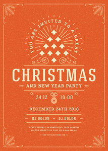 圣诞派对海报设计复古排版和装饰元素。 圣诞节假期活动传单或邀请函。 矢量图。