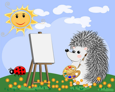 艺术家刺猬画了一幅大自然中的风景画。 艺术爱的概念。 太阳云花的卡通景观