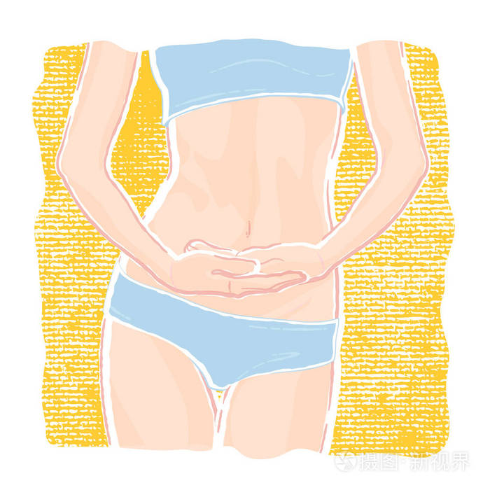 矢量路径插图一个年轻的健康苗条的女人身体与一个平坦的腹部在内衣内裤和胸罩谁摆三刻度手在臀部。