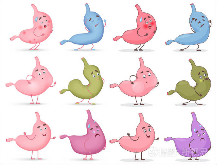 卡通一套可爱的胃的情绪集.不同类型的胃病媒介例证