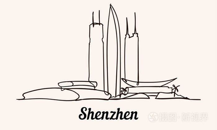 一行风格深圳素描插图.深圳涂鸦白色孤立背景.