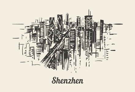 深圳天际线手绘素描矢量在白色背景上的渗透.照片