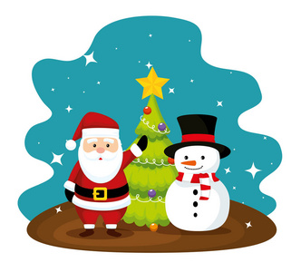 圣诞老人和松树与雪人