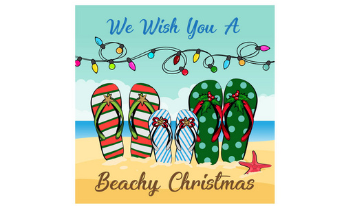 圣诞快乐，新年快乐在温暖的气候设计热带圣诞贺卡与圣诞风格凉鞋海滩