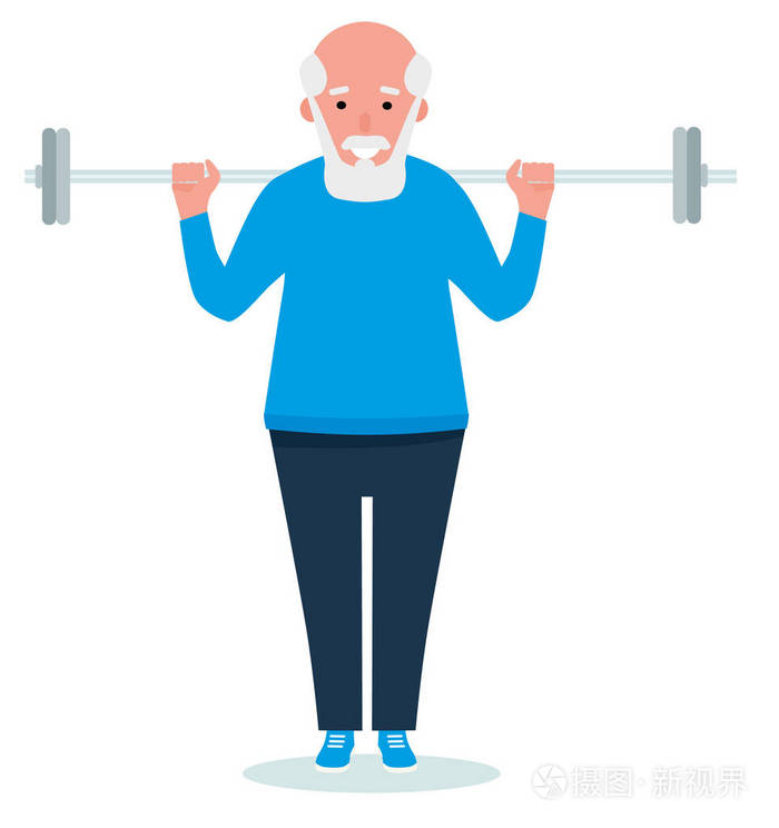 卡通漫画的人举杠铃在健身房里的男人老年男人性格行使在健身房内的