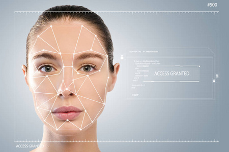 未来主义和技术扫描一个美丽的女人的面部识别和扫描人。可以起到保障人身安全的作用..概念未来，安全，扫描..