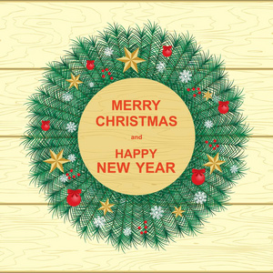 新年快乐和圣诞快乐矢量插图圣诞花环星星红色浆果装饰。适用于圣诞节和新年卡片传单横幅覆盖海报。