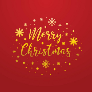 圣诞快乐手绘排版装饰雪花和星星。 矢量插图EPS10金色隔离在红色背景上，有利于卡片模板海报传单和网页横幅。