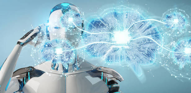 模糊背景下的机器人在数字大脑三维渲染中创建人工智能照片