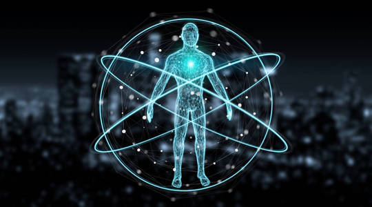 数字x射线人体扫描界面蓝底三维渲染照片