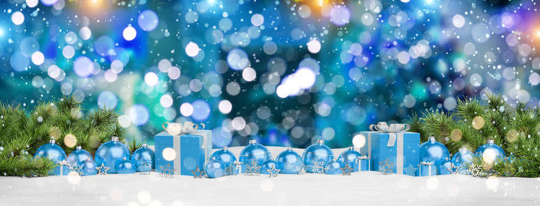蓝色圣诞礼物和宝布排列在蓝色背景3D渲染。