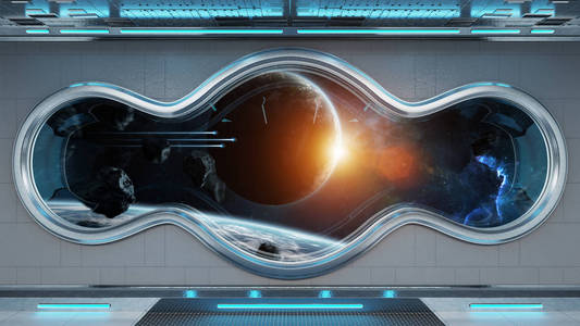 白色科技宇宙飞船,圆窗内部,可看到遥远行星系统,3d渲染元素,这幅图像