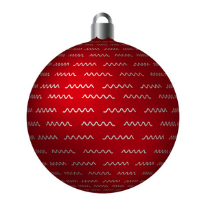 红色华丽的圣诞球与银色金属拼字图案隔离在白色背景上。 简单的抽象装饰矢量插图。 明信片模板装饰标签