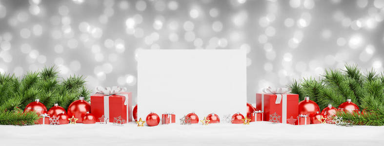 空白圣诞卡铺设红色鲍布和礼物灰色背景3D渲染