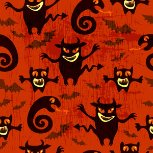 可爱可怕的万圣节怪物与蝙蝠在橙色背景。 无缝图案。 平的风格。 设计元素包装纸壁纸或纺织品印花。