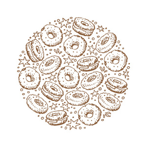 圆圈框架与百吉饼隔离在白色背景。 烘焙食品。 涂鸦风格。 咖啡厅菜单传单贴纸或磁铁的设计元素。