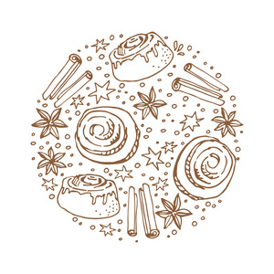 圆圈框架与肉桂面包隔离在白色背景。 烘焙食品。 涂鸦风格。 咖啡厅菜单传单贴纸或磁铁的设计元素。