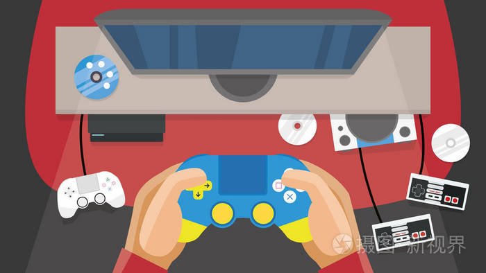 男人在电视上玩游戏,房间里有电视游戏机控制器和cd. 概念向量插技.