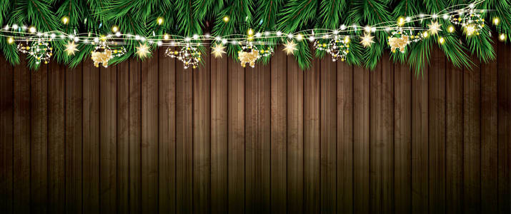 带霓虹灯和金色加兰的直升机在木制背景下的FIR分支。圣诞快乐，新年快乐。矢量插图。