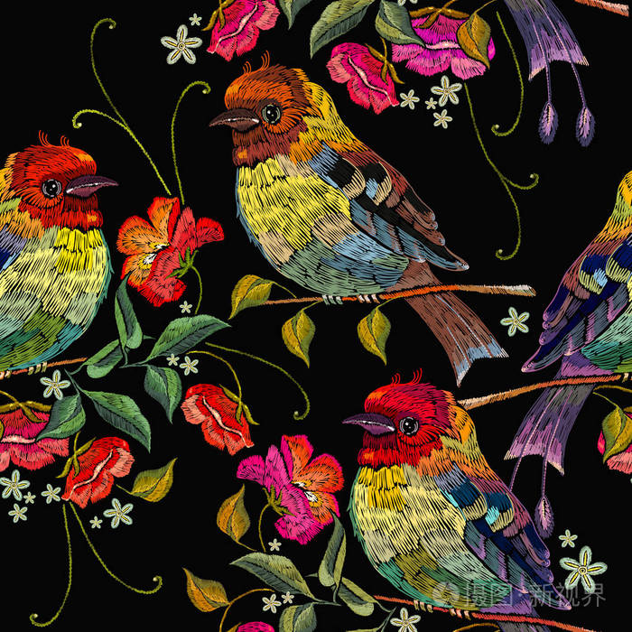 刺绣鸟和野玫瑰无缝图案.服装,纺织品,t恤设计模板