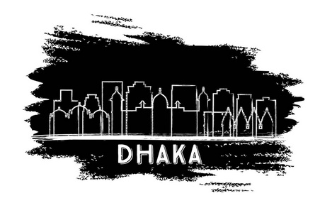 达卡孟加拉国城市天际线剪影。手工素描。矢量插图。具有历史建筑的商业旅游和旅游理念。达卡城市景观与地标。
