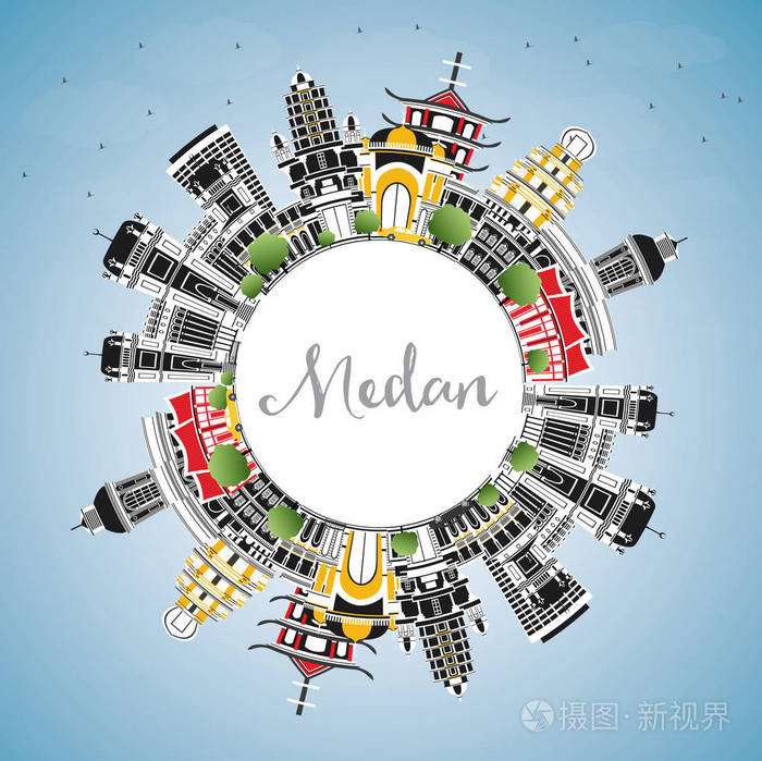 梅丹印度尼西亚城市天际线与彩色建筑,蓝天和复制空间.矢量插图.