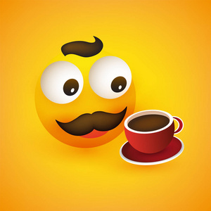 微笑，快乐，咖啡爱好者，简单的表情符号，弹出眼睛胡子和一杯咖啡的黄色背景矢量设计。