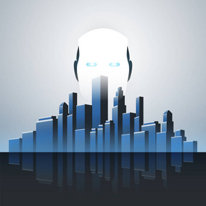 智能城市, 自动化数字控制, 深度学习, 人工智能和未来的技术概念设计与城市天际线和机器人头