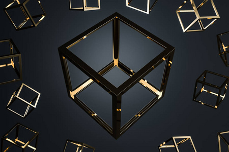 大金立方体被黑色背景上的较小立方体包围。 创造力和想象力的概念。 3D渲染模拟