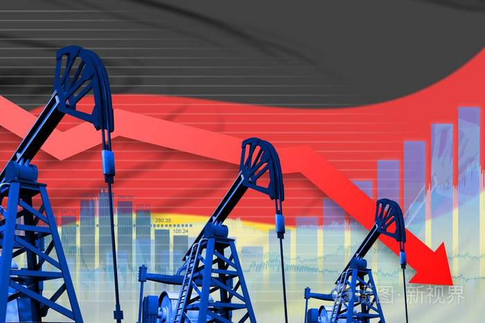 德国石油工业概念工业插图降低下降图在德国国旗背景。 三维插图