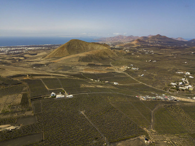 鸟瞰葡萄酒种植在兰萨罗特岛火山土壤的兰萨罗特平原和丘陵腹地火山的地平线。 加那利群岛西班牙。 葡萄酒生产