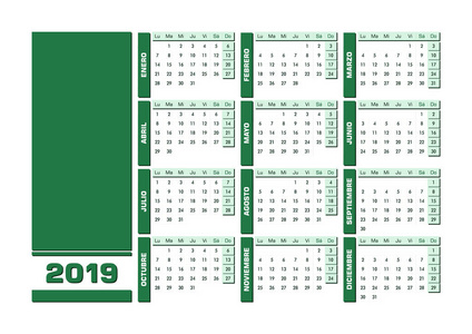 绿色2019西班牙日历。 矢量插图，空空间为您的内容。 所有元素排序和分组为一层，以便于版本。 可打印的景观版本