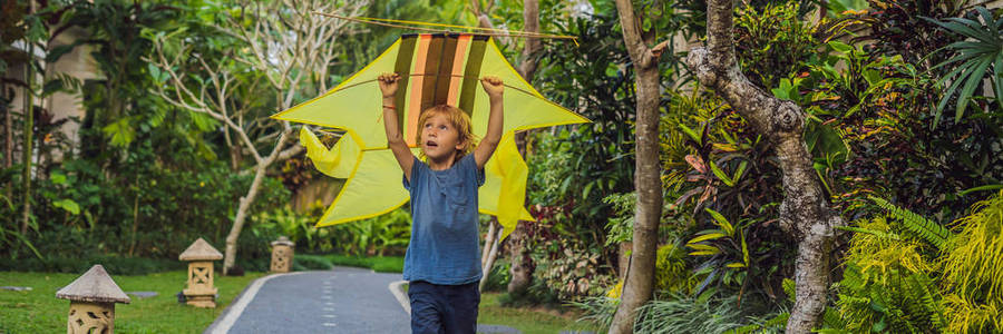 男孩在印度尼西亚乌布巴利岛公园放风筝。