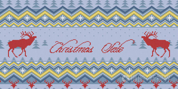 圣诞义卖。 冬季针织羊毛无缝图案与红鹿和斯堪的纳维亚装饰