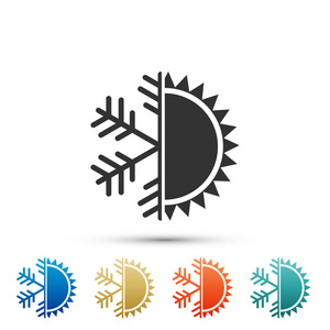 冷热符号。在白色背景上隔离的太阳和雪花图标。冬季和夏季的象征。在彩色图标中设置元素。扁平设计。矢量插图