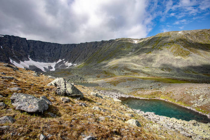 蓝天和云彩. 有雪和草的山峰. 俄罗斯乌拉尔山