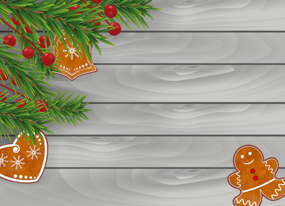 圣诞节木制灰色背景与姜饼饼干，圣诞树树枝和冬青浆果的圣诞节和新年设计。 矢量图。