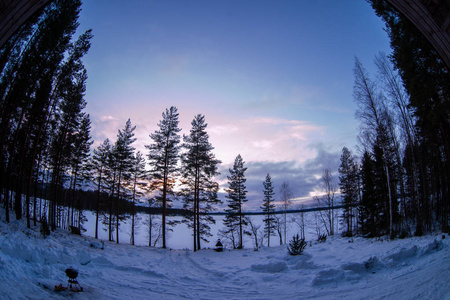 冬季景观湖岸码头，雪下有长凳和树