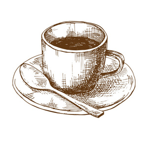 用勺子在茶碟上画咖啡杯的草图。 素描风格的矢量插图。