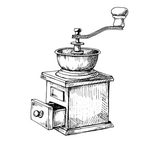 复古手动咖啡磨床或磨坊素描复古风格。