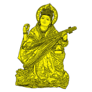 萨拉斯瓦蒂演奏琵琶为vasantpanchami印度节背景. 手绘矢量.照片