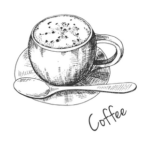 用勺子在茶碟上画咖啡杯的草图。 铭文是咖啡。 素描风格的矢量插图。