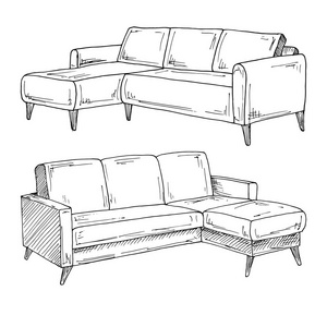 一组沙发孤立在白色背景上矢量插图的素描风格照片