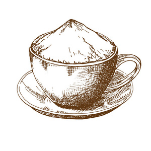 茶托上一杯咖啡的草图。 素描风格的矢量插图。